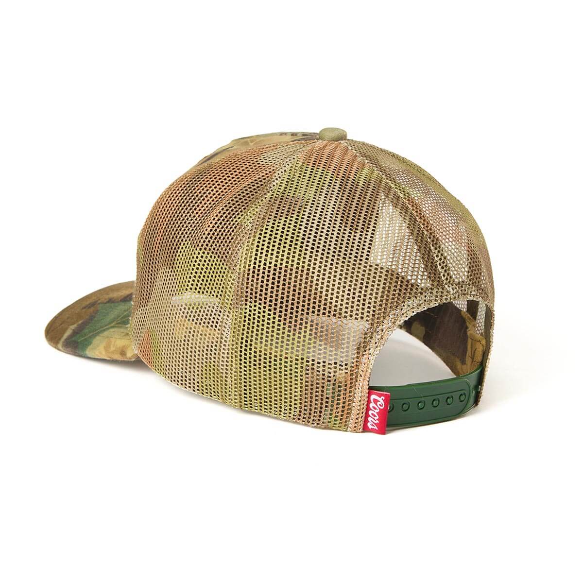 Close-up of Coors Banquet Helo Trucker Green Hat showing Tan mesh back panels with green camo front panels and green