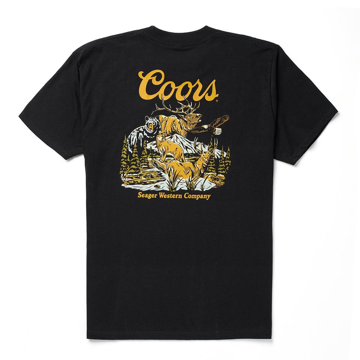 Coors Banquet Preserve front view, Black with gold script type, wildlife scene in gold and white showing deer, bear, and