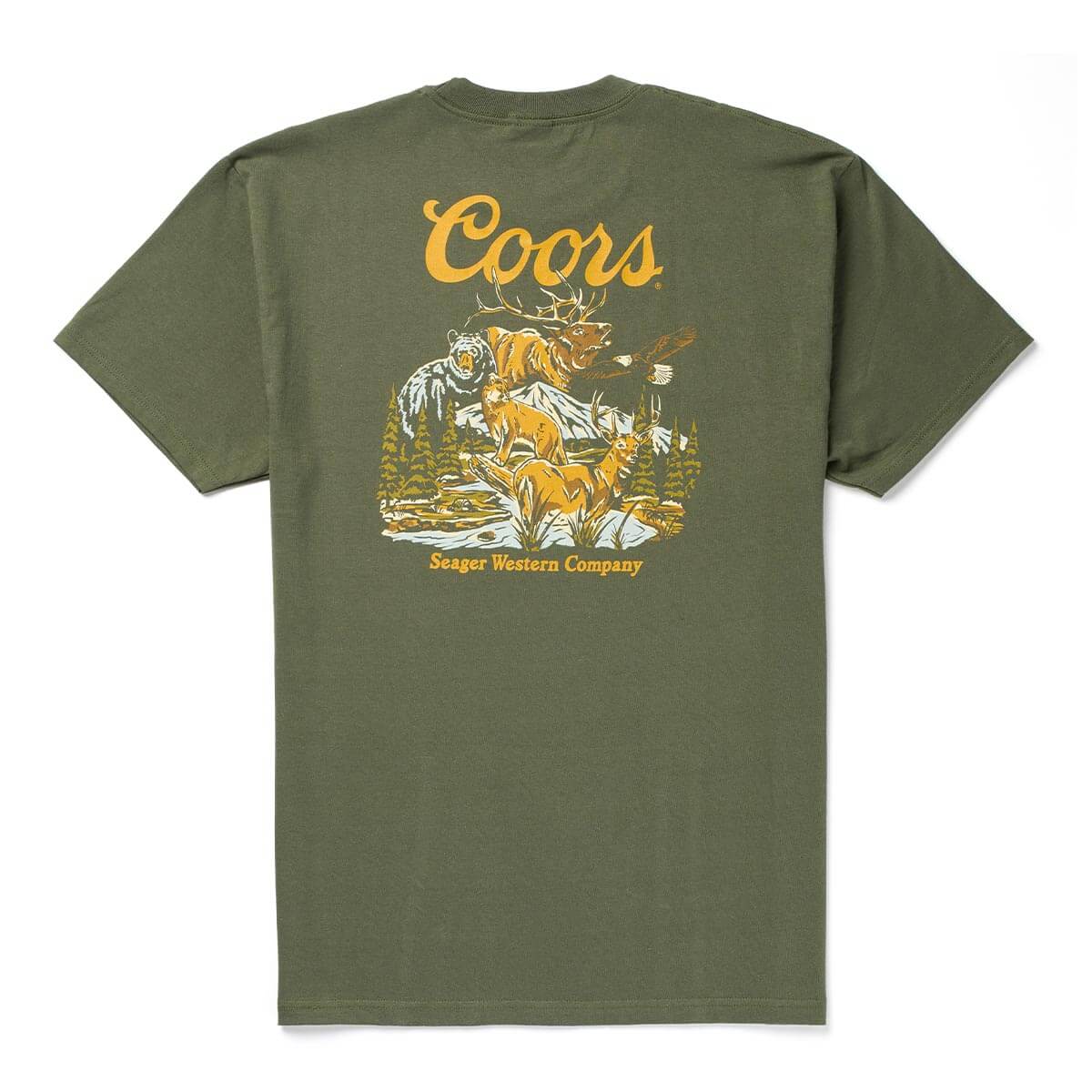 Back of Coors Banquet Preserve Black Tee, Olive green with gold script text and wilderness graphic featuring deer and forest