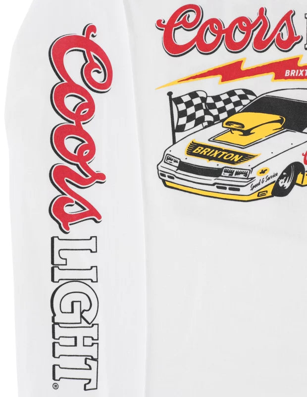 Close-up of Coors Light Blower White L/S Tee showing Red script logo with black outline running down left sleeve - Slowride