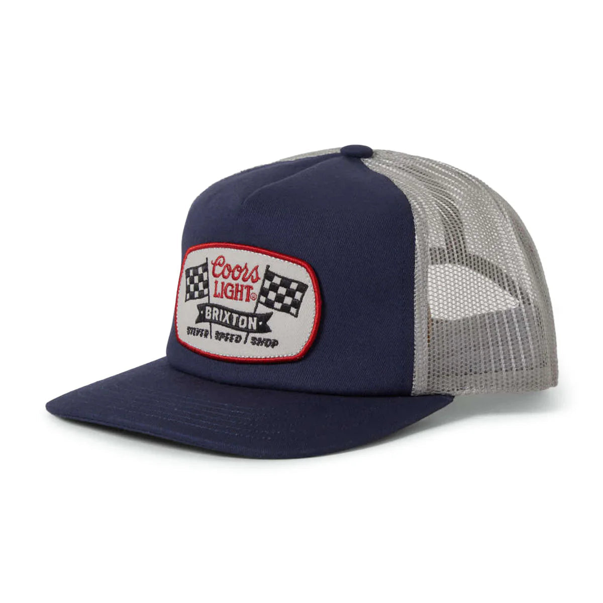 Coors Light Pit Stop MP Trucker front view, Navy front with grey mesh back, checkered flag patch with red border and text
