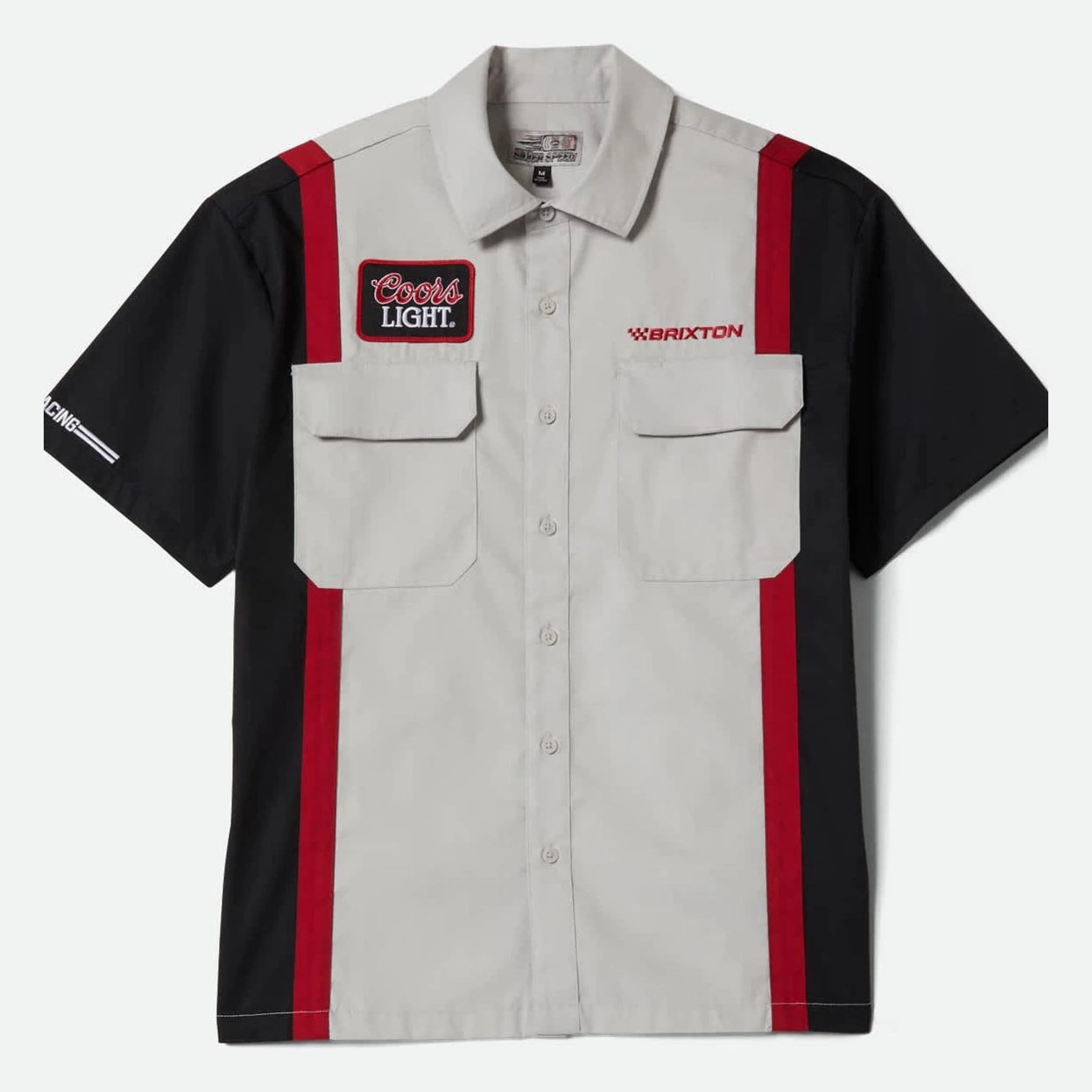 Coors Light Shake Down S/S Woven front view, Cream and black with red side stripes, Coors Light patch and Brixton embroidery