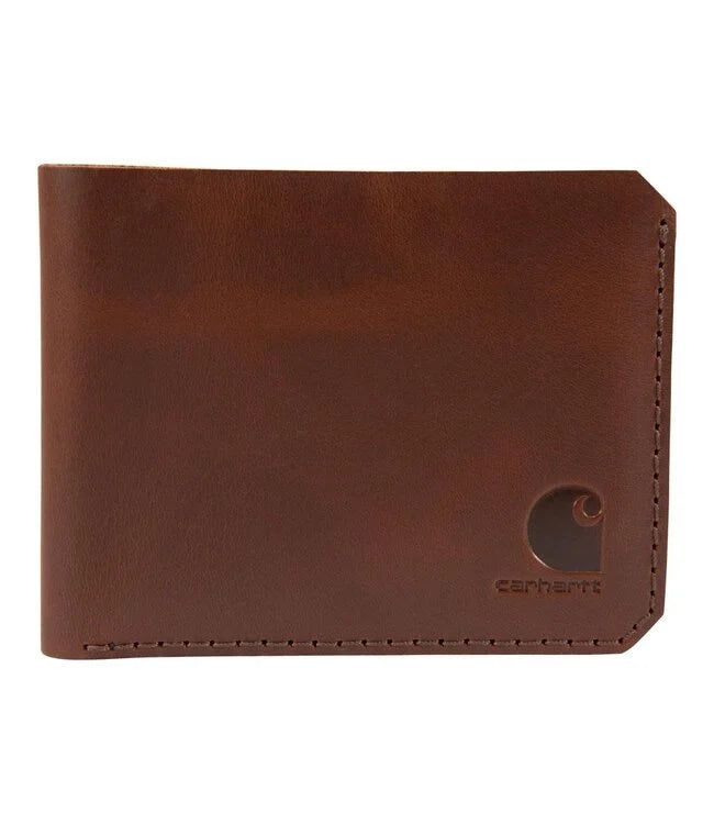 Back of Craftsman Leather Bifold Wallet Accessory Black Accessory, Brown leather back with embossed logo and visible