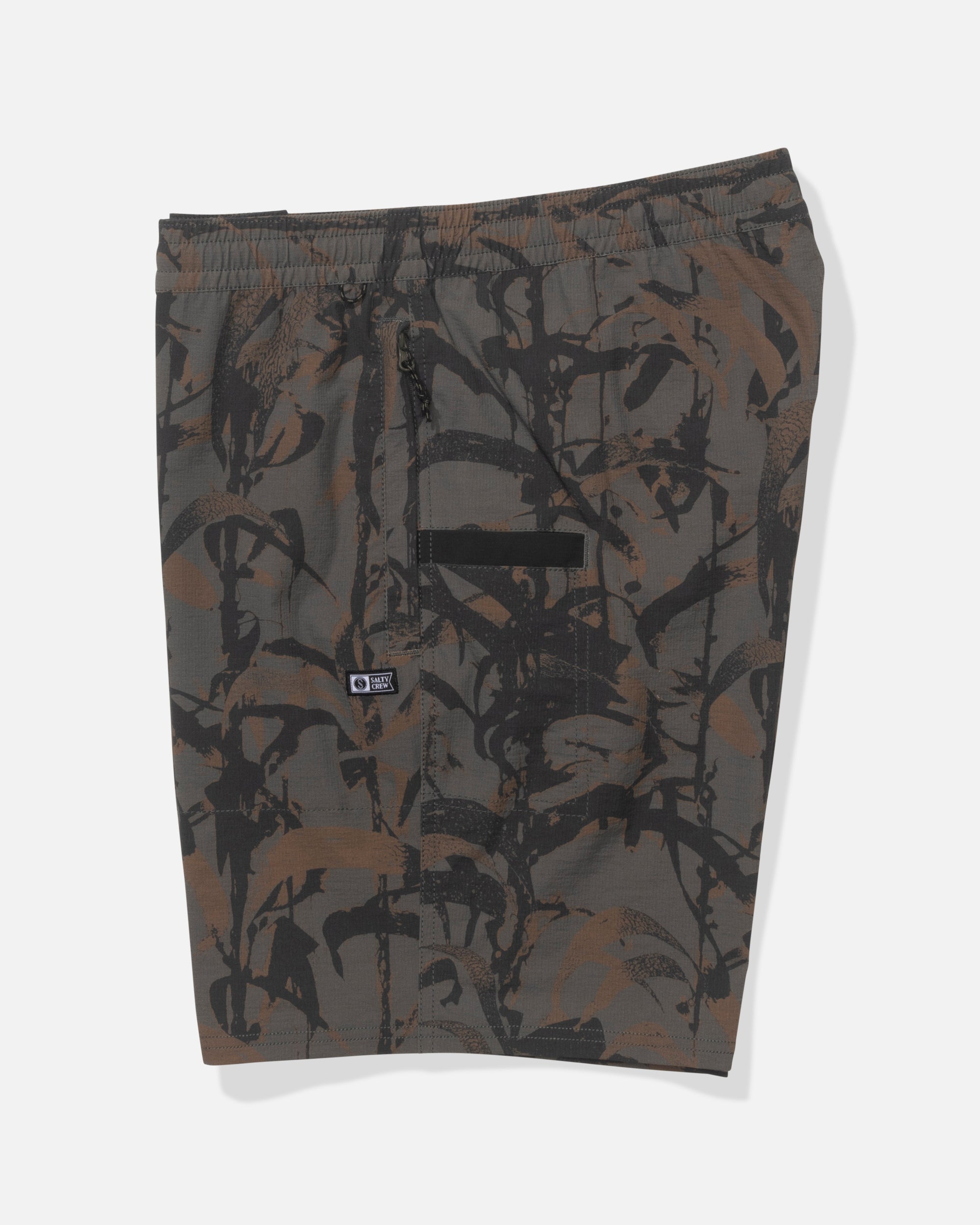 Close-up of Crew Boatshort 18" Boardshorts Camo Boardshorts showing Gray and brown camouflage print with black abstract