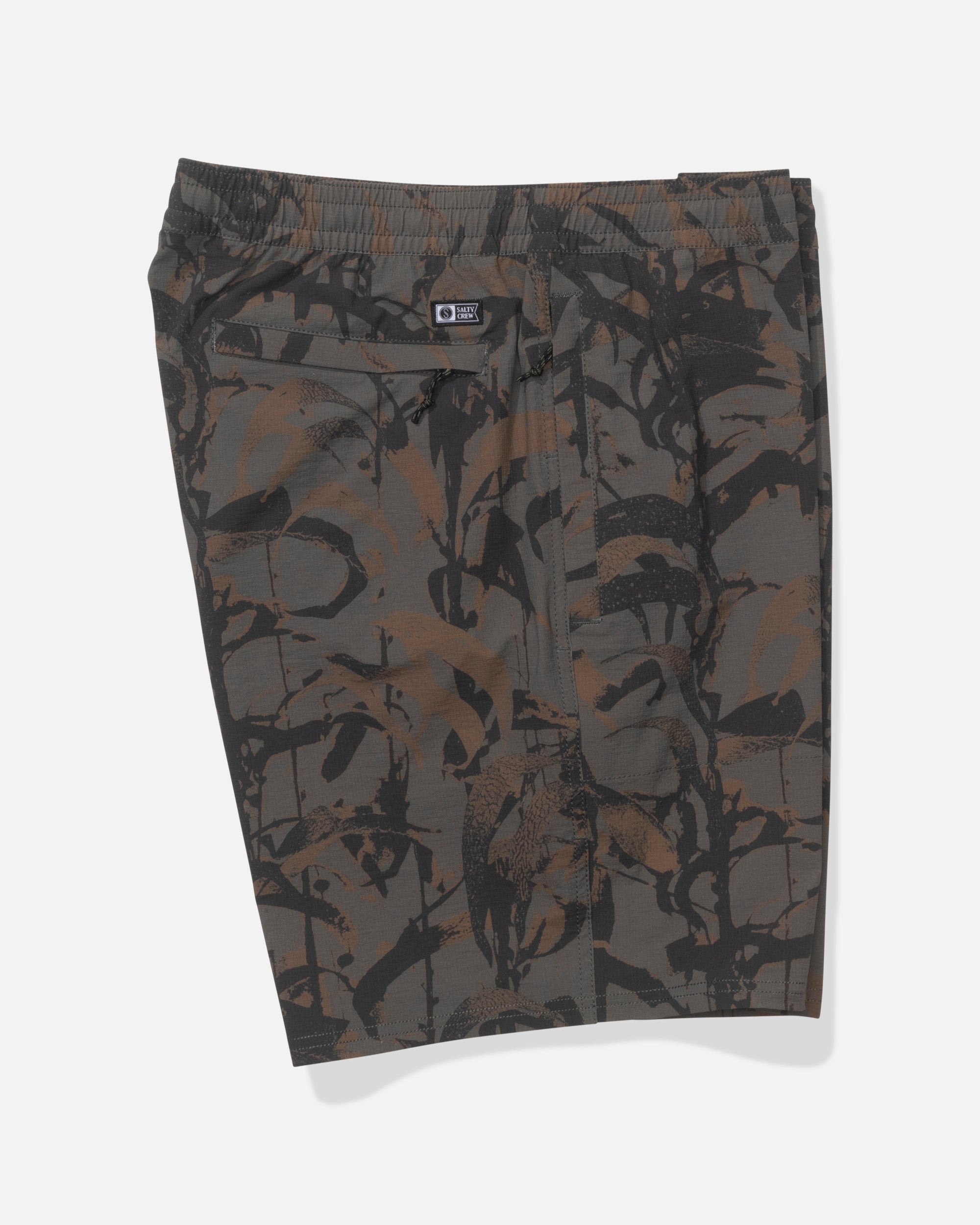 Close-up of Crew Boatshort 18" Boardshorts Camo Boardshorts showing Gray and brown camouflage print with black distressed