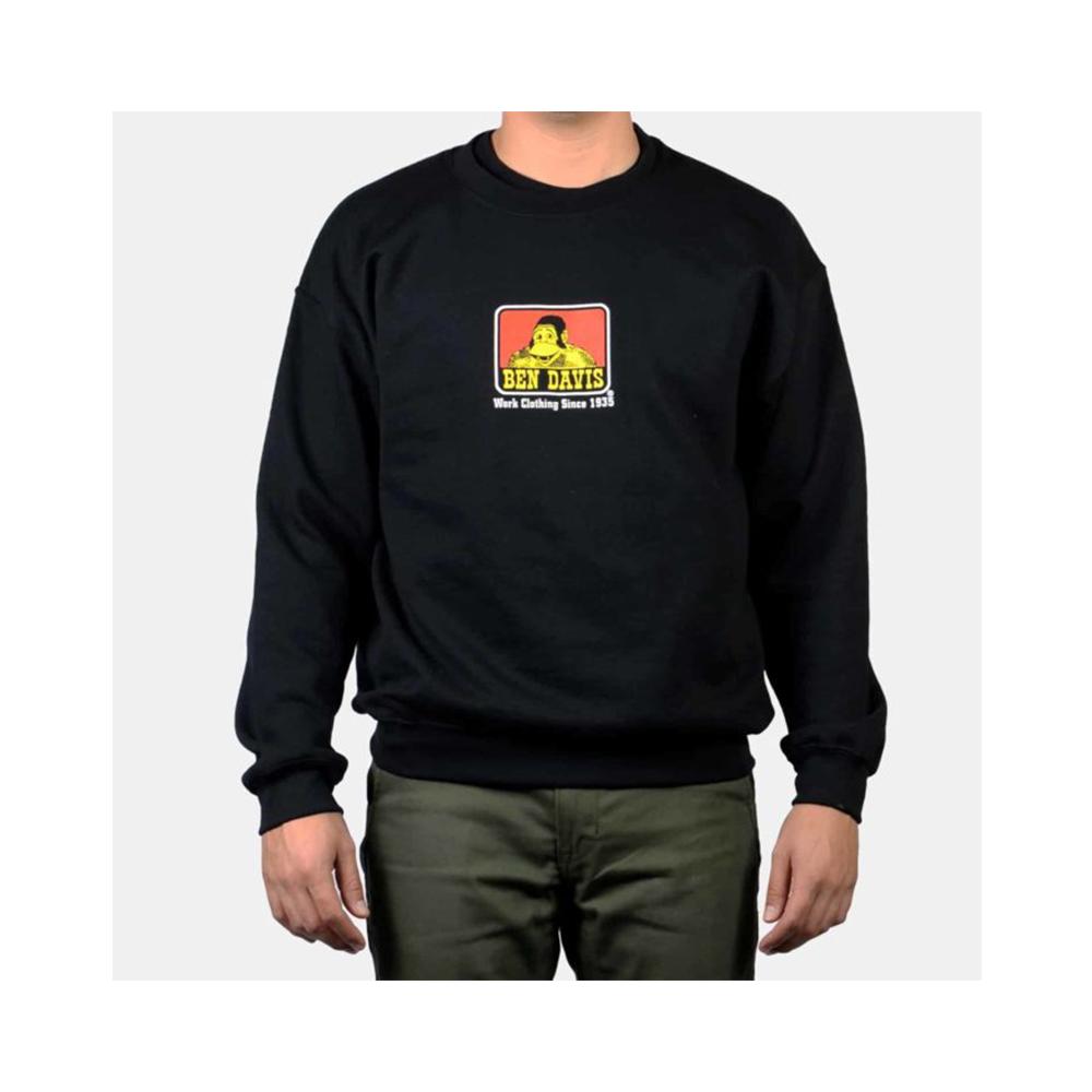 Crew Sweatshirt Sweater front view, Black with red and yellow vintage work clothing logo graphic centered on chest, Black