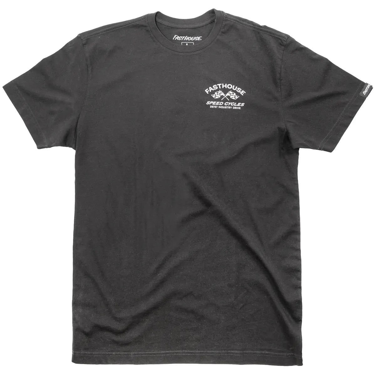 Close-up of Crown White Tee showing Charcoal gray with small white chest graphic reading "Speed Cycles" and address text