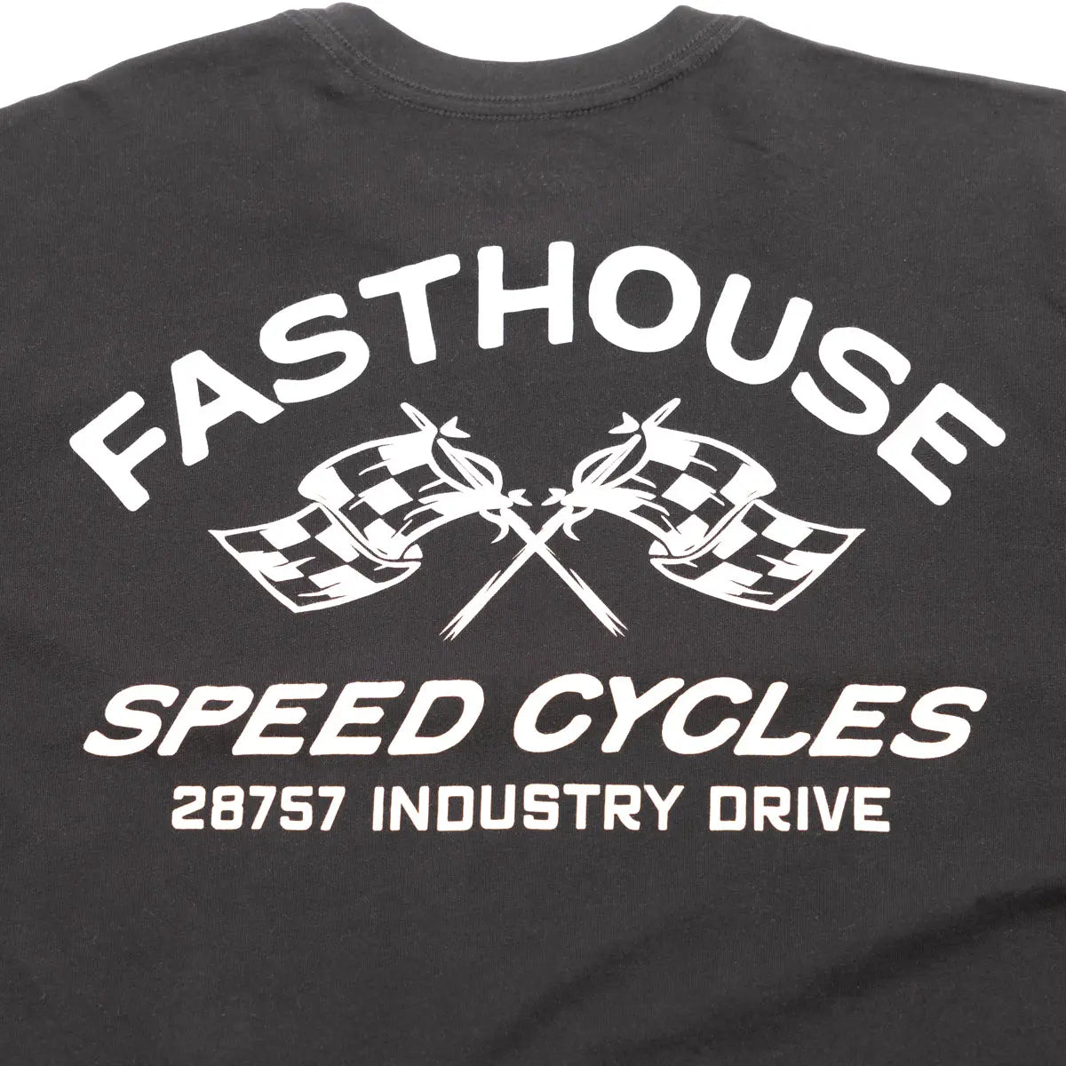 Close-up of Crown White Tee showing Charcoal gray with white back print featuring crossed checkered flags, "FASTHOUSE SPEED