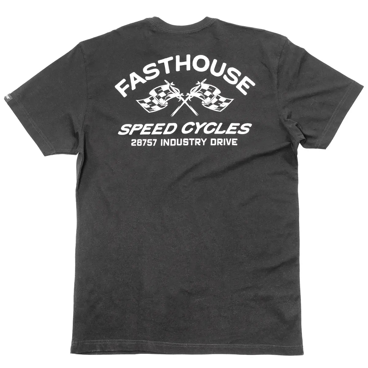 Close-up of Crown White Tee showing Charcoal gray tee with white back graphic featuring crossed checkered flags, "FASTHOUSE"