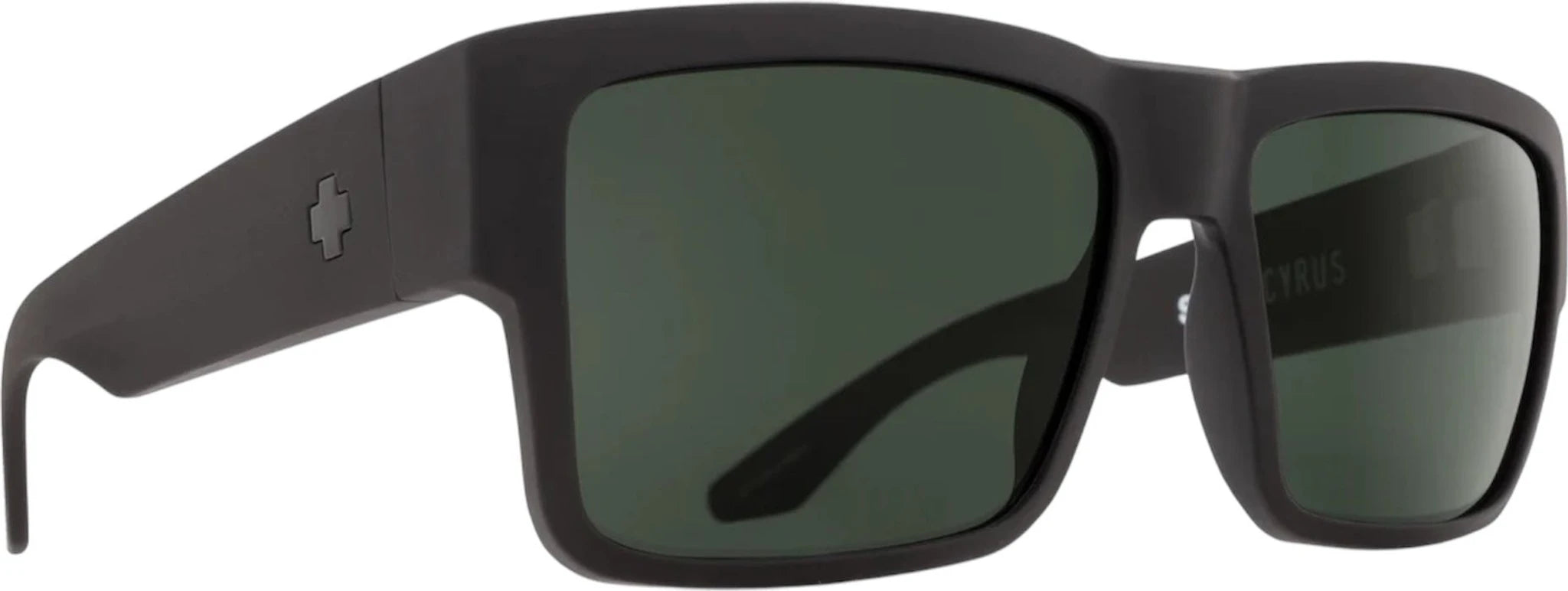 Cyrus - Black - Happy Gray Green (117) front view, Black rectangular frame with green-tinted lenses and embossed cross logo