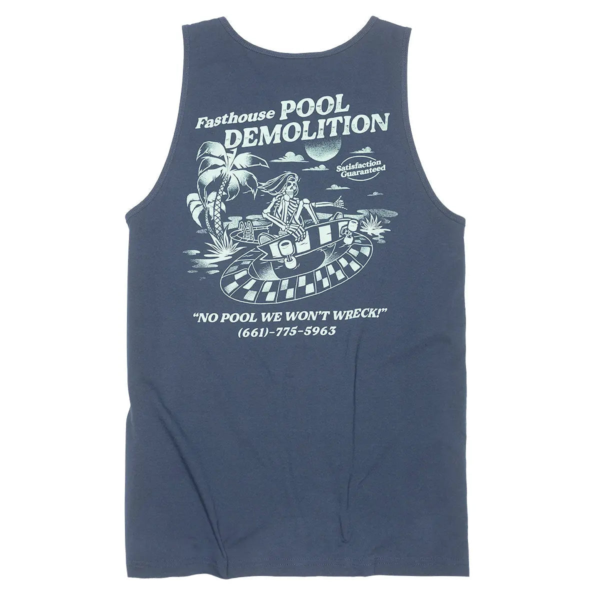 Demolition Tank Top front view, Navy with cream retro graphic showing skeleton on wrecking ball, palm tree, and moon with