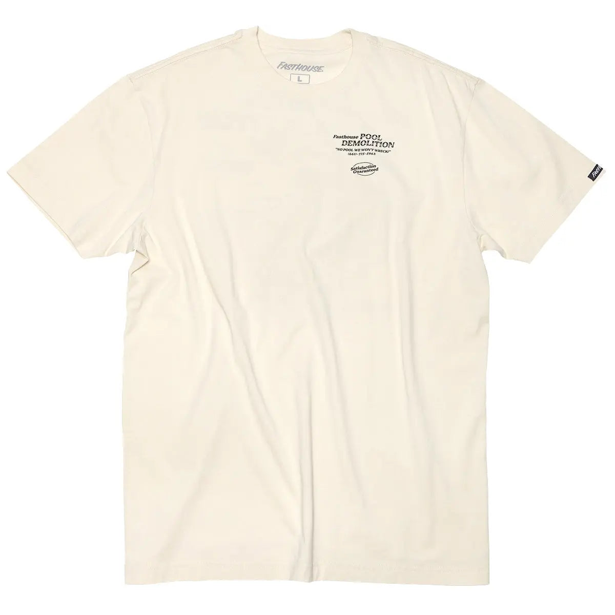 Close-up of Demolition Black Tee showing Cream tee with small black front print reading "Fasthouse POOL DEMOLITION" and