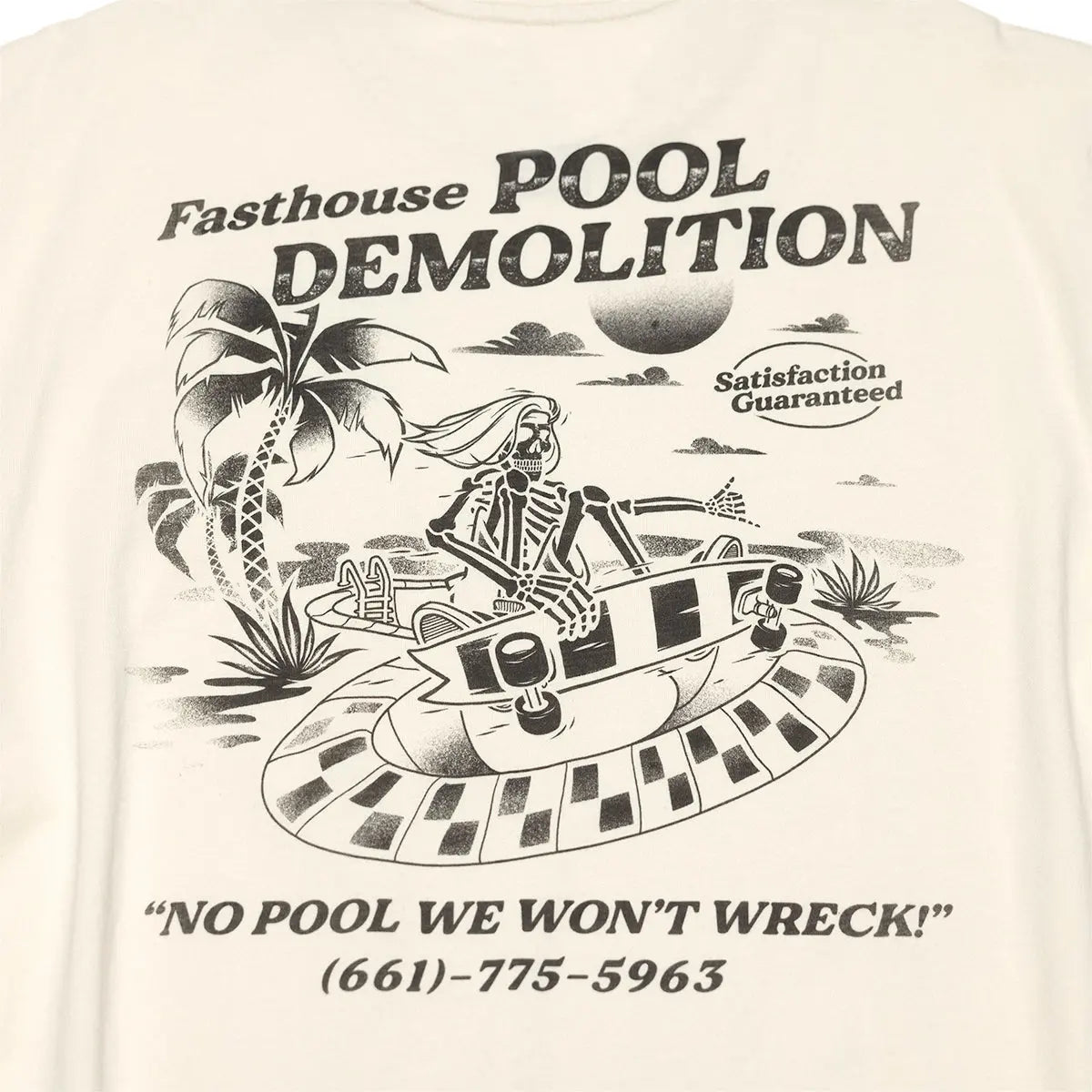Close-up of Demolition Black Tee showing Cream with black halftone graphic of skeleton in desert speedboat, palm tree, sun,