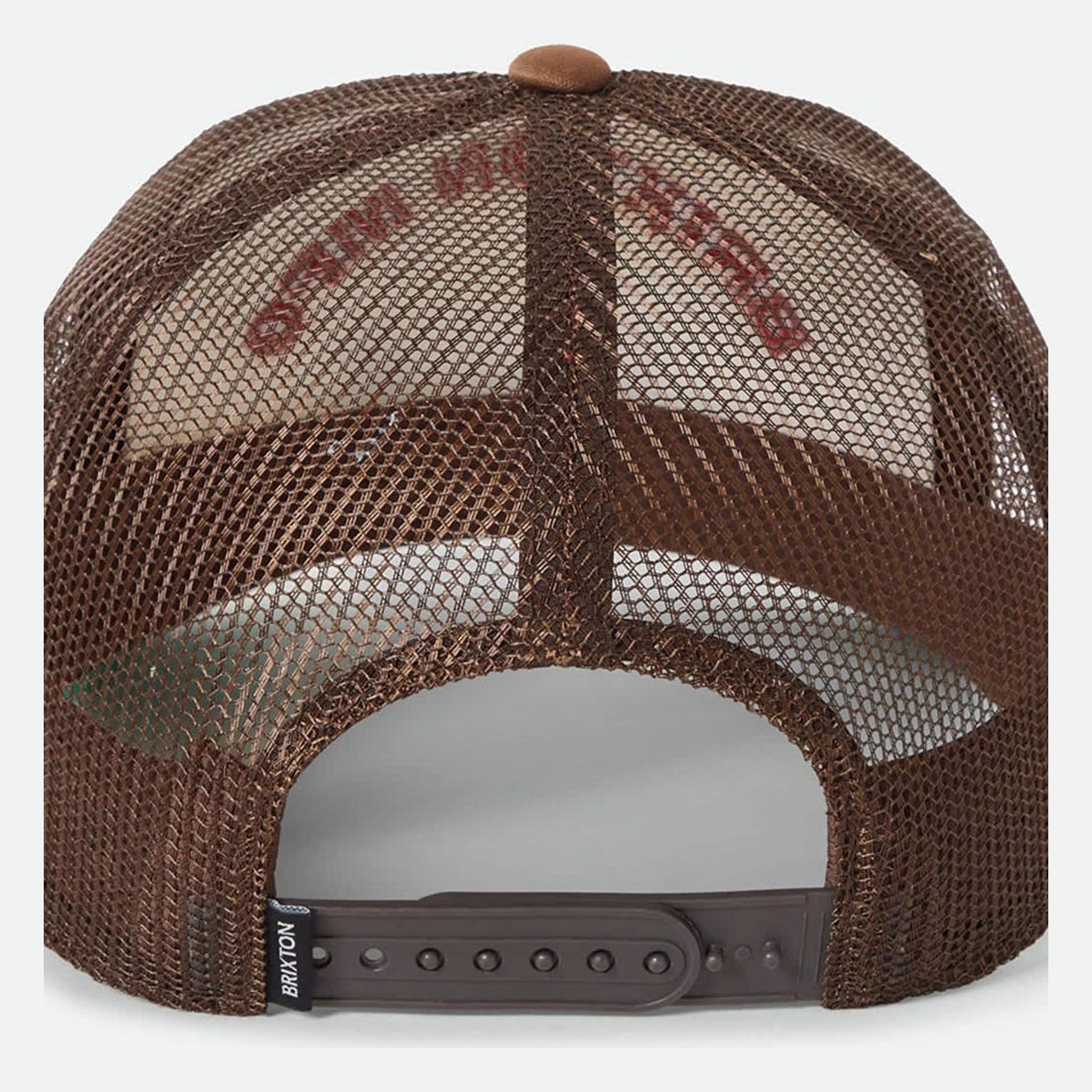 Back of Desert Leisure MP Trucker Apparel Pinecone Brown/Whitecap Apparel, Brown mesh panels with faded burgundy text and