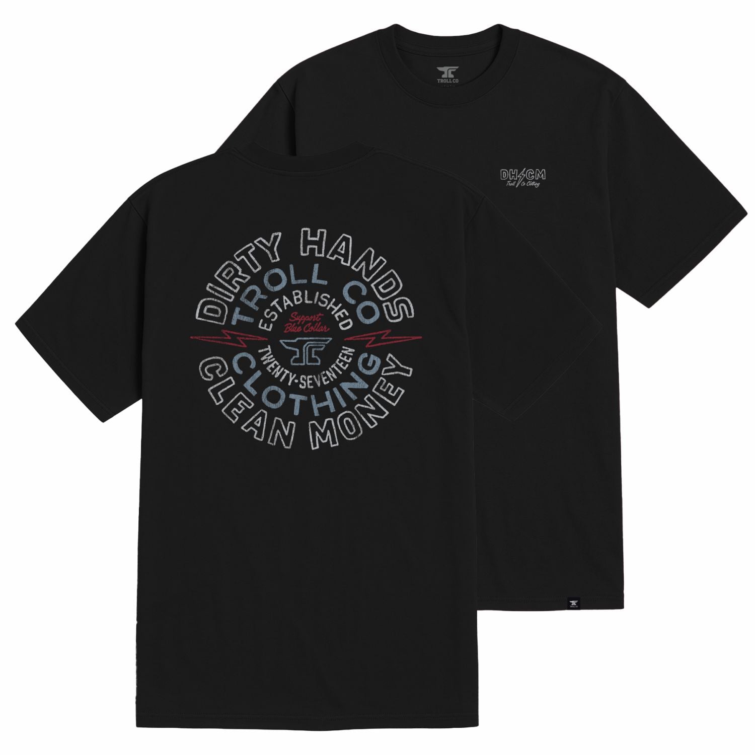 Back of DHCM Anvolt Black Tee, Circular text graphic in gray and blue with red lightning bolt accent, reading "Dirty Hands