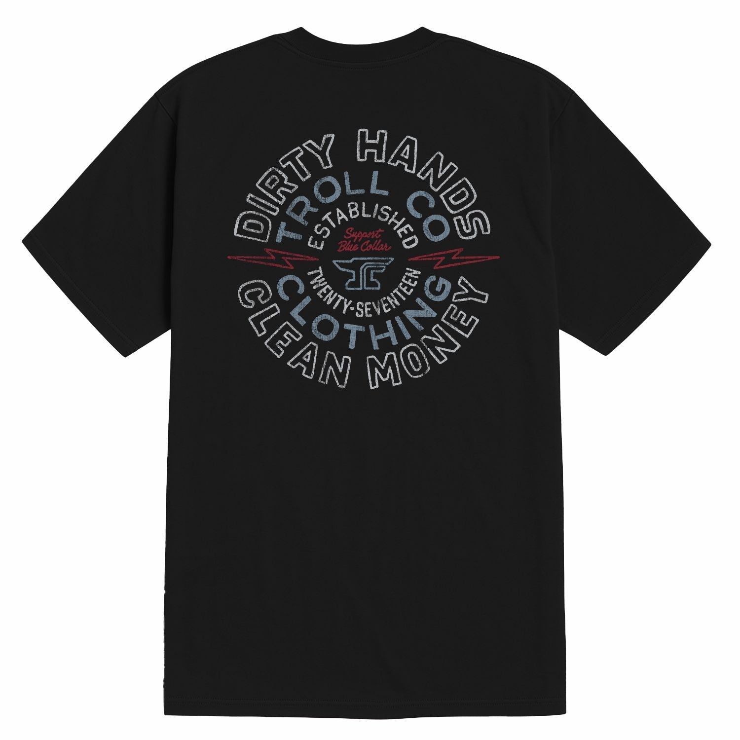 DHCM Anvolt front view, Black with gray outlined circular text and red script accents, established date graphic center