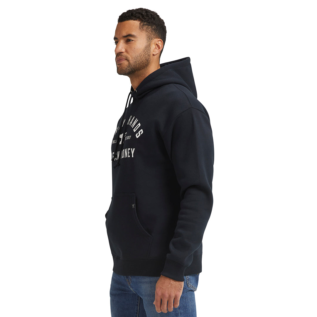 Person wearing DHCM Classic Black Hoodie, Man wearing black hoodie against plain white studio background - Slowride Supply
