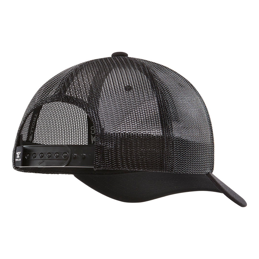 Close-up of DHCM Classic Trucker White/Coyote Brown Hat showing Black mesh back panels with solid black front bill and