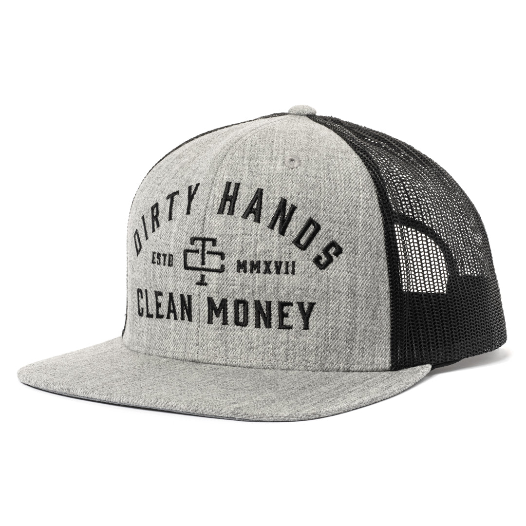 DHCM Flat Bill Trucker front view, Heather grey front with black mesh back panels, black text reading "Dirty Hands" and