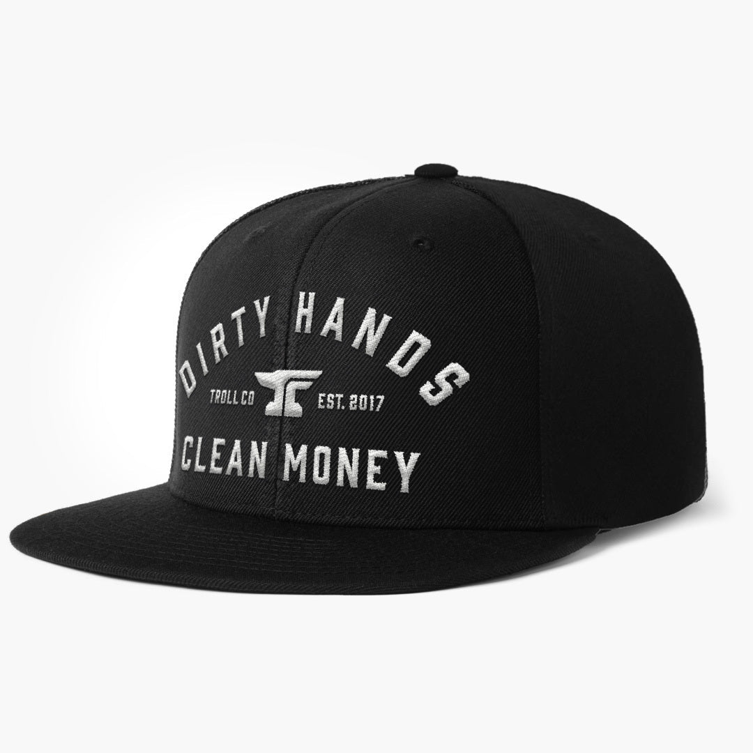 DHCM Flat Brim Classic front view, Black cap with white embroidered text reading "Dirty Hands Clean Money," anvil logo, and