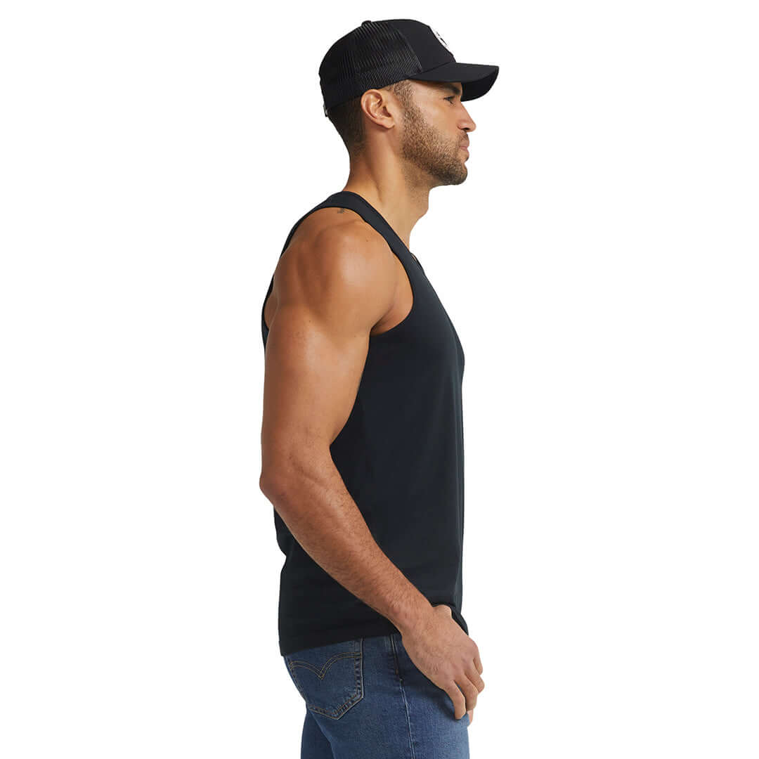 Person wearing DHCM Twisting Wrenches Tank Tank Top Black Tank Top, Studio setting with neutral white background - Slowride