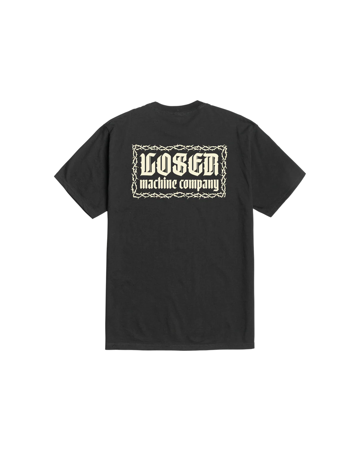 Displeasure front view, Black with white gothic type and chain-link border graphic centered on chest, Black Tee - Slowride