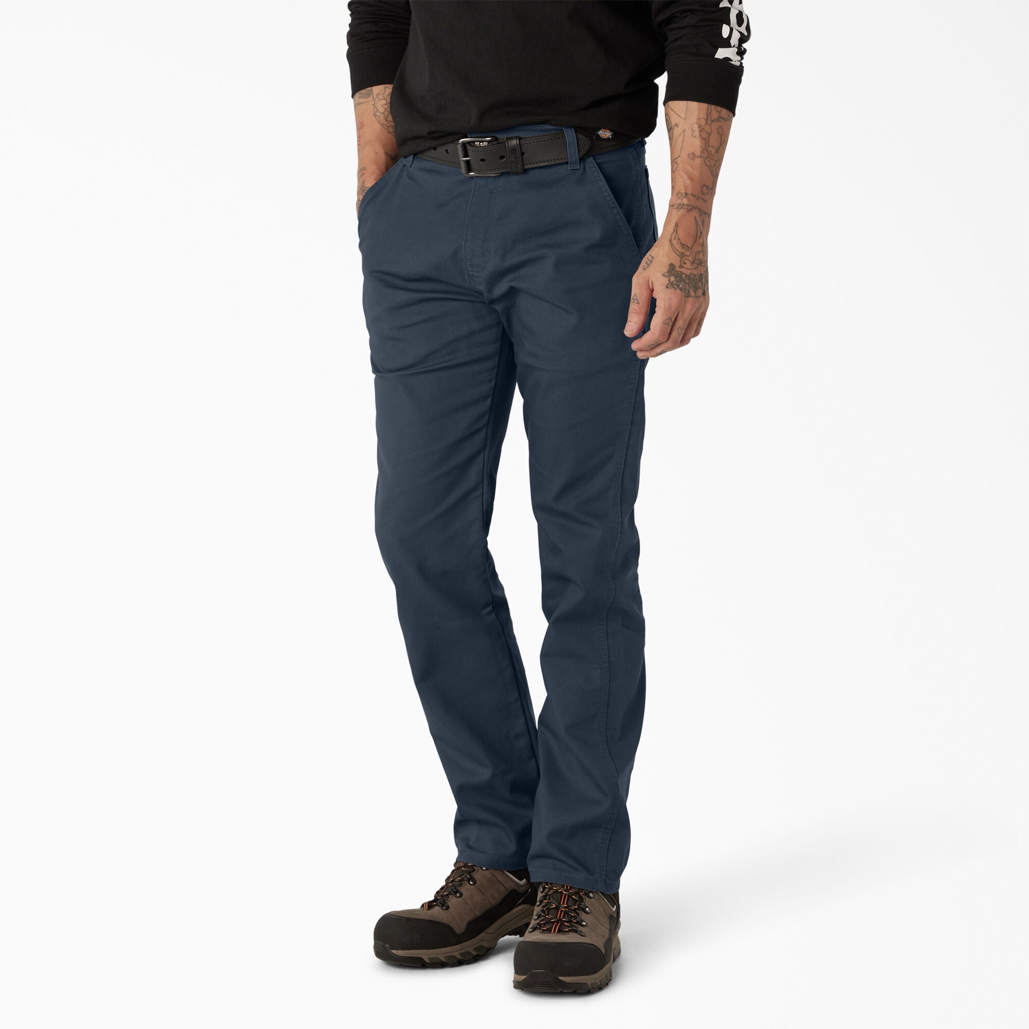 Person wearing Dp802 Carpenter Pant Regular Fit Pants Stone Washed Black Pants, Man wearing navy work pants with black belt