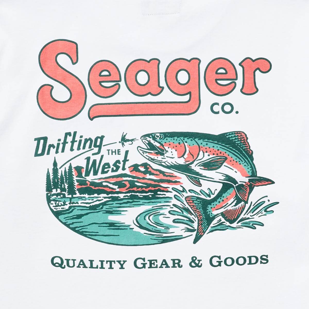 Close-up of Drifting the West White Tee showing Print texture showing halftone dots and line work on coral and teal trout