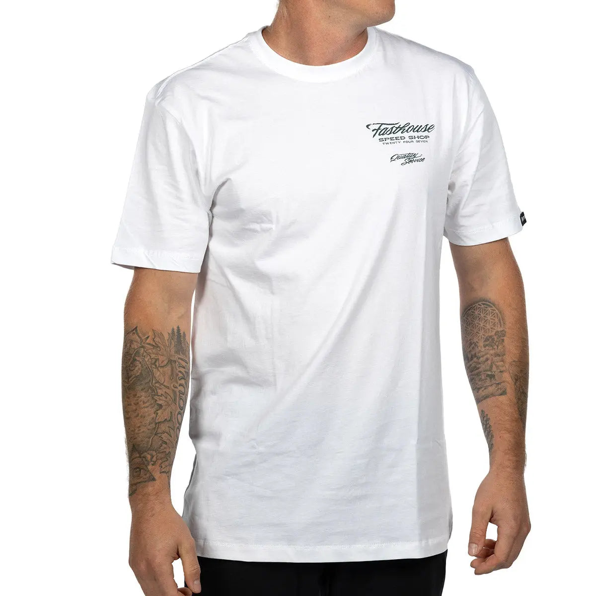 Person wearing Drive in Black Tee, White tee worn casually against neutral studio background - Slowride Supply