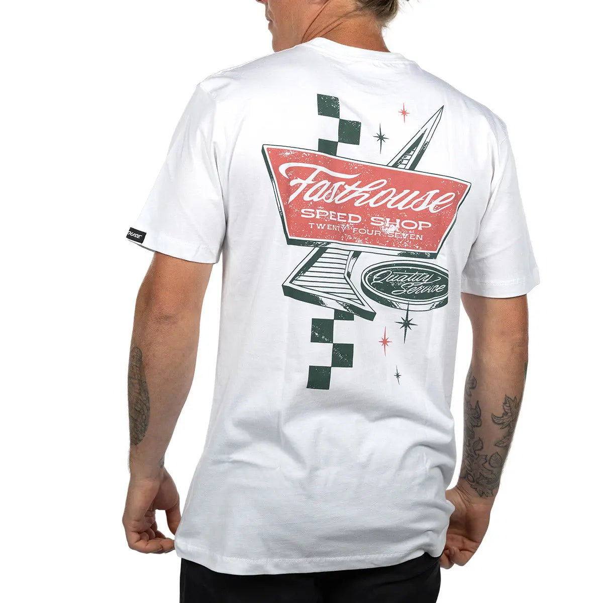 Person wearing Drive in Black Tee, Man wearing white tee against plain white background - Slowride Supply
