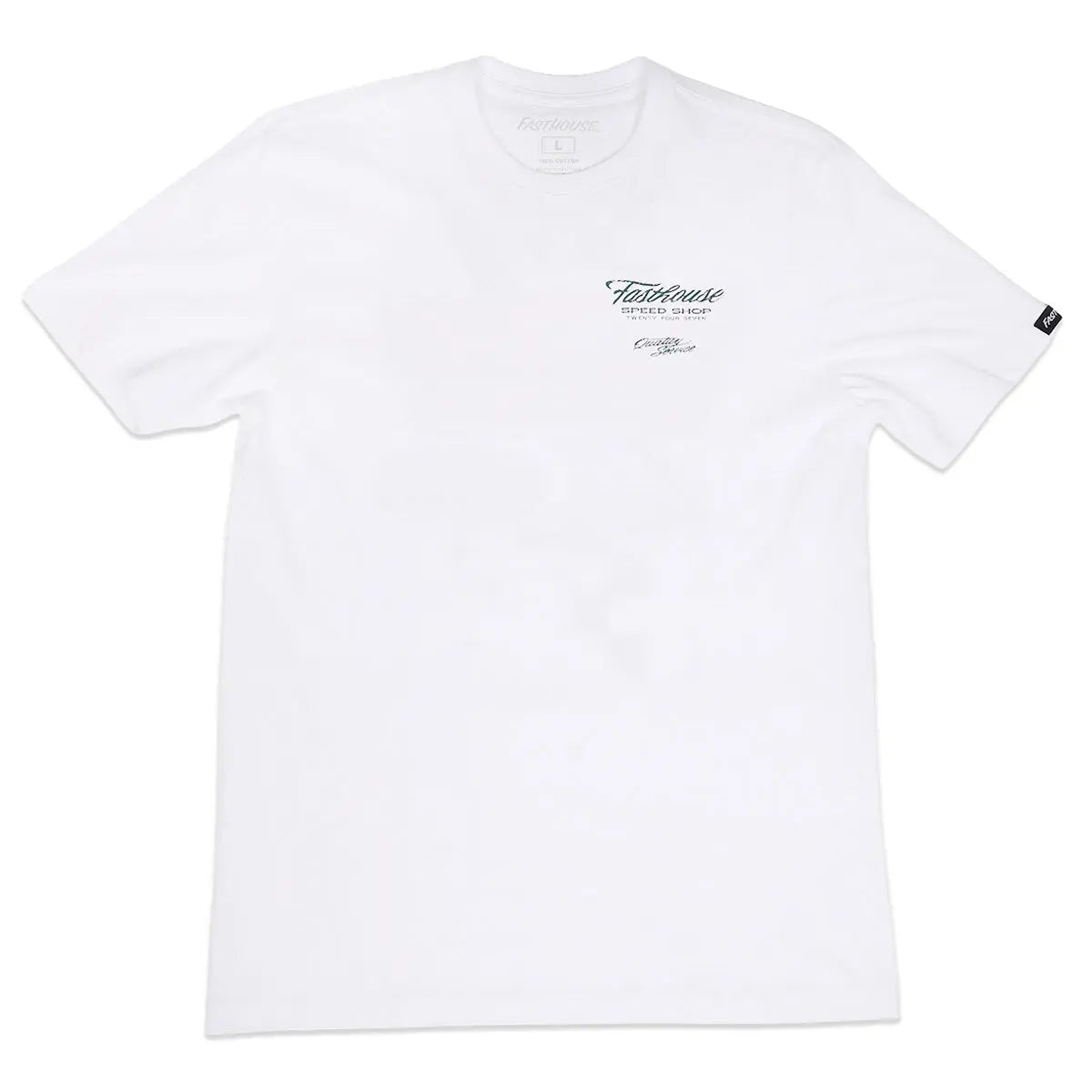 Close-up of Drive in Black Tee showing White tee with small chest print in black script lettering and text, small woven