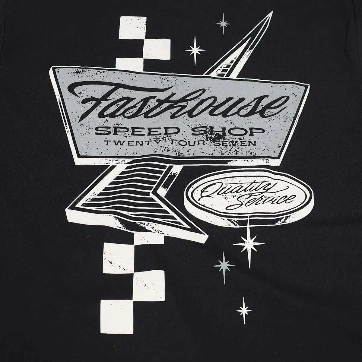 Close-up of Drive in Black Tee showing Distressed speedway sign graphic with checkered flag and starburst details in white