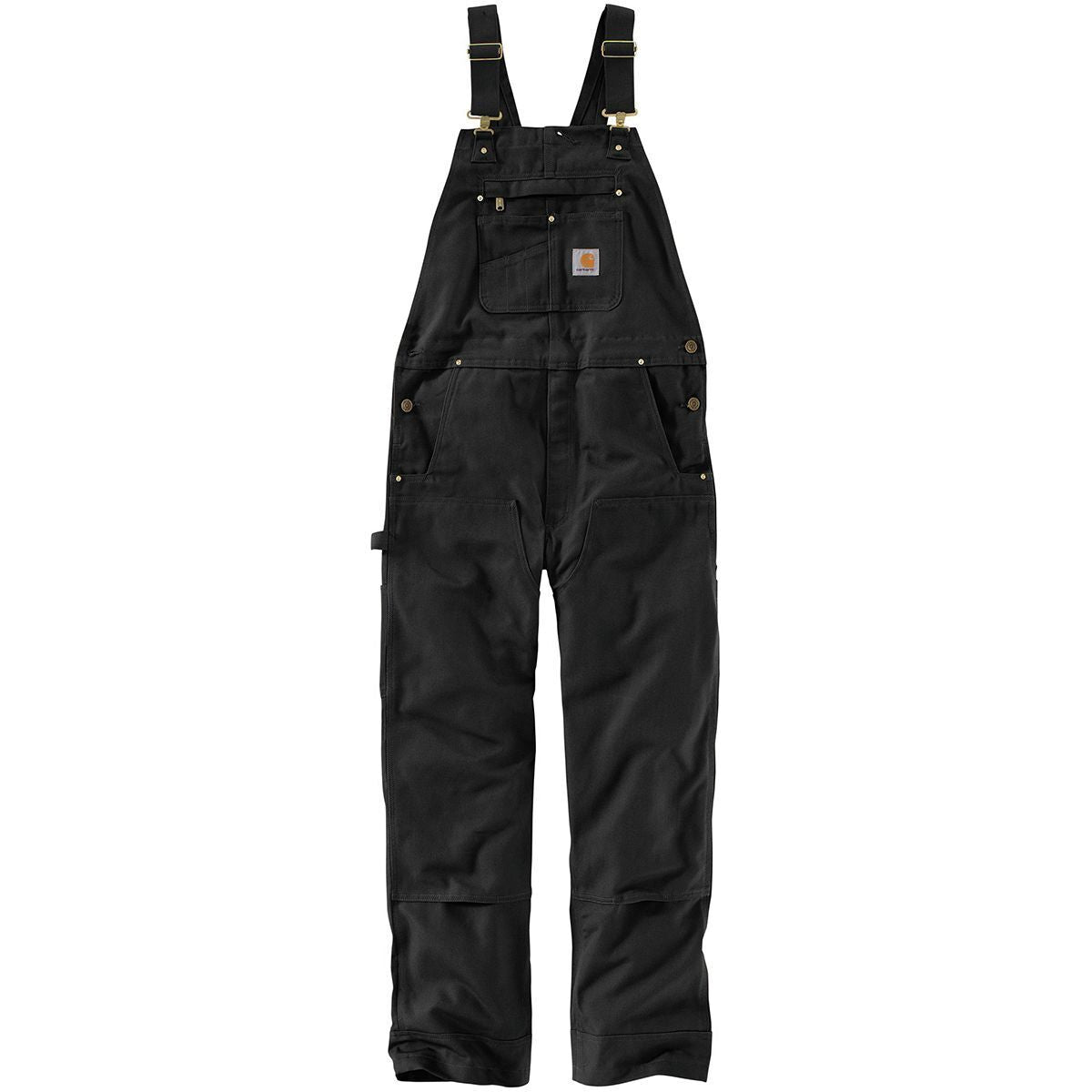 Close-up of Duck Bib Overalls Black Overalls showing Black duck canvas with brass hardware, chest pocket, side pockets, and