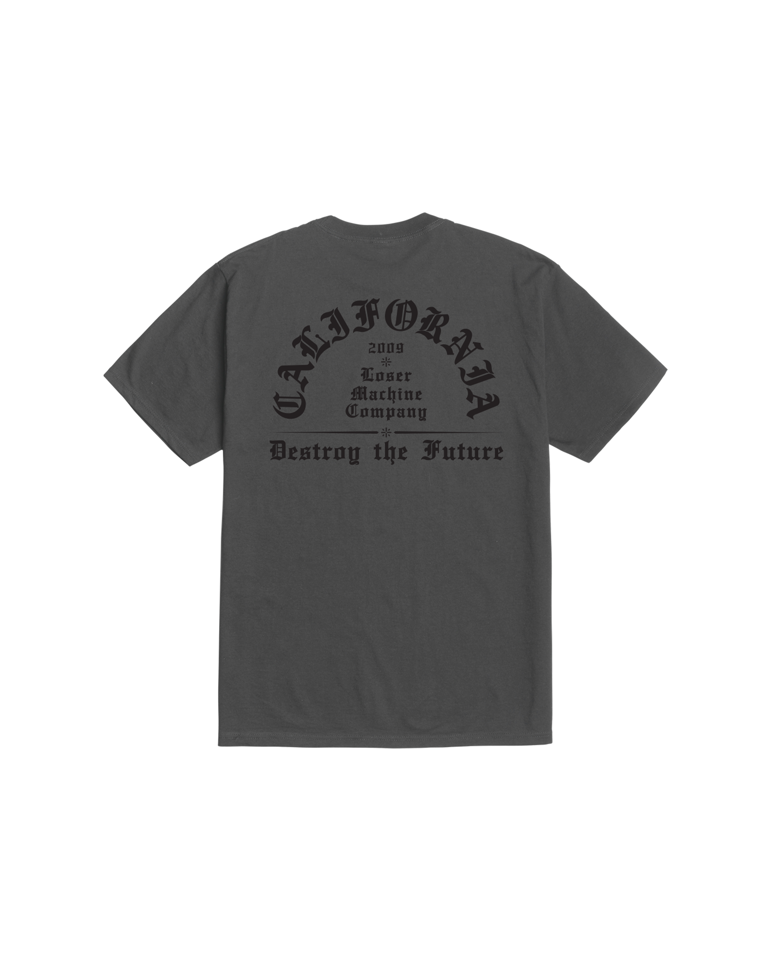 Established front view, Vintage black with arched gothic text reading "California Inner Machine Company" and "Destroy the