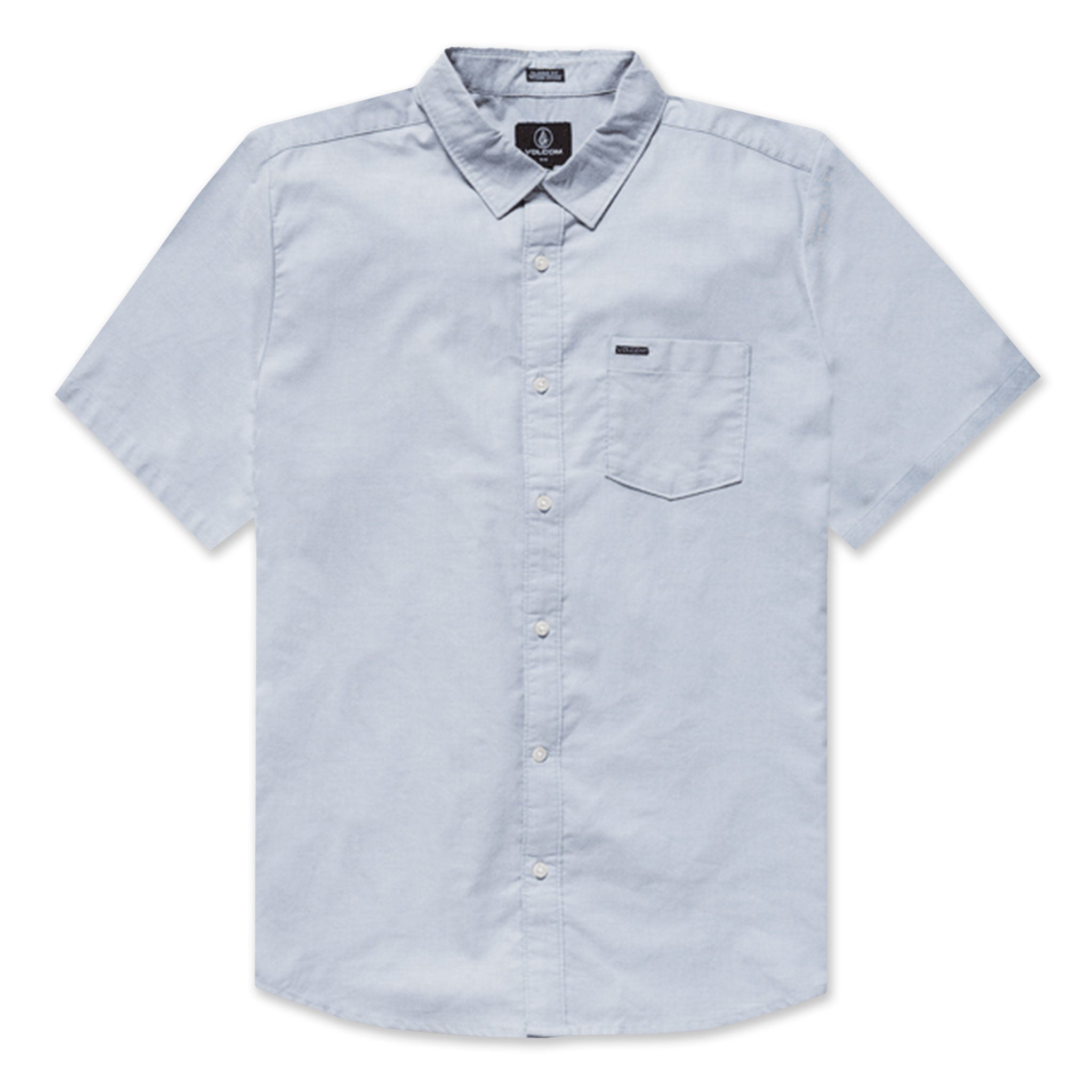 Everett Oxford II Apparel front view, Light blue oxford cloth short-sleeve shirt with white mother-of-pearl buttons and