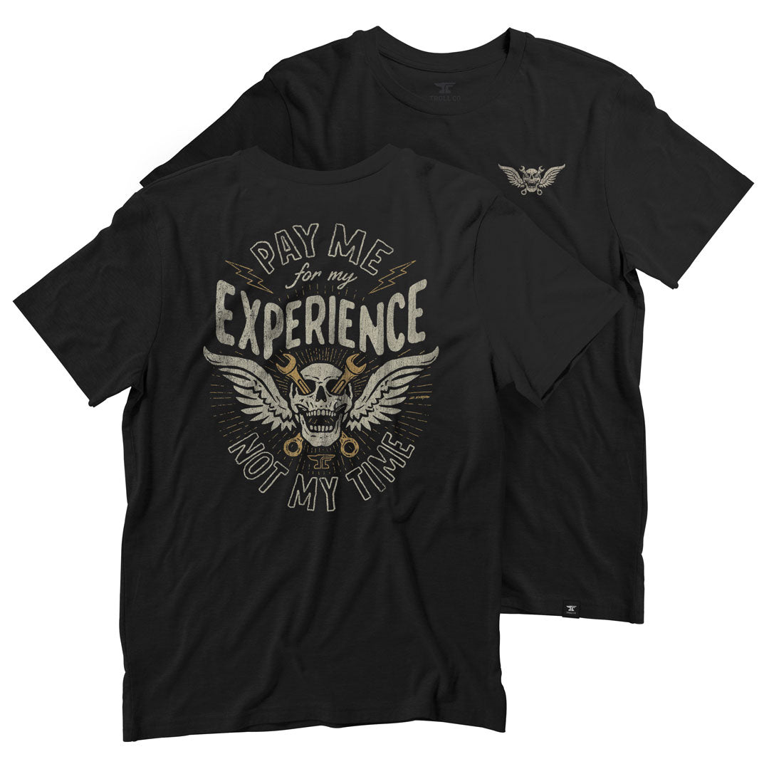 Experienced front view, Black with tan and gold winged skull graphic, "Pay me for my Experience not my time" text, lightning