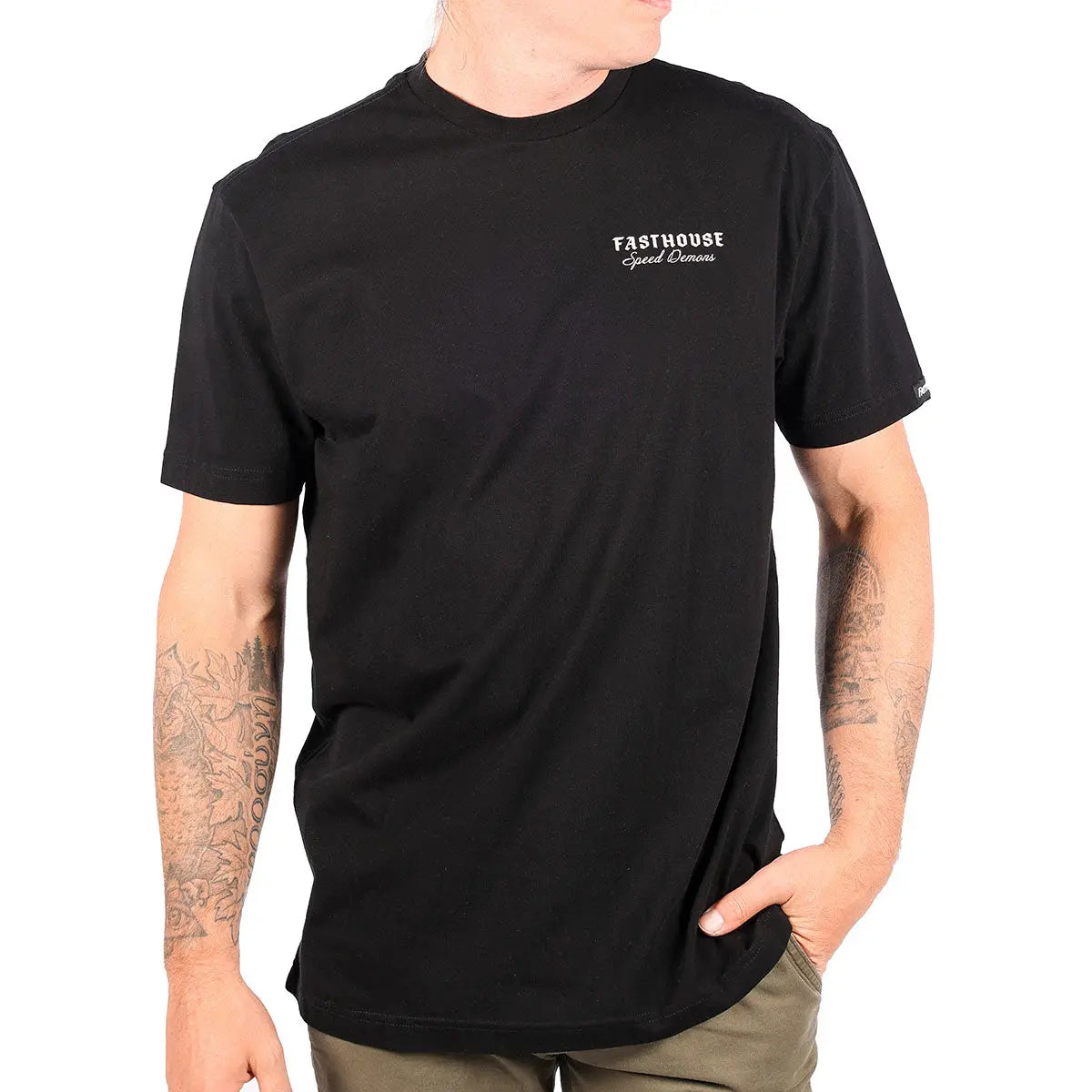 Person wearing Fallen Black Tee, Wearer standing against plain white background in casual pose - Slowride Supply