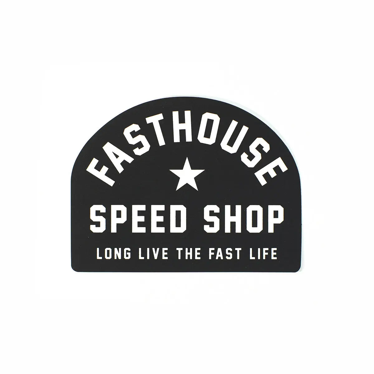 Fast Life Sticker Accessory front view, Black shield-shaped graphic with white text reading "Fasthouse Speed Shop" and "Long