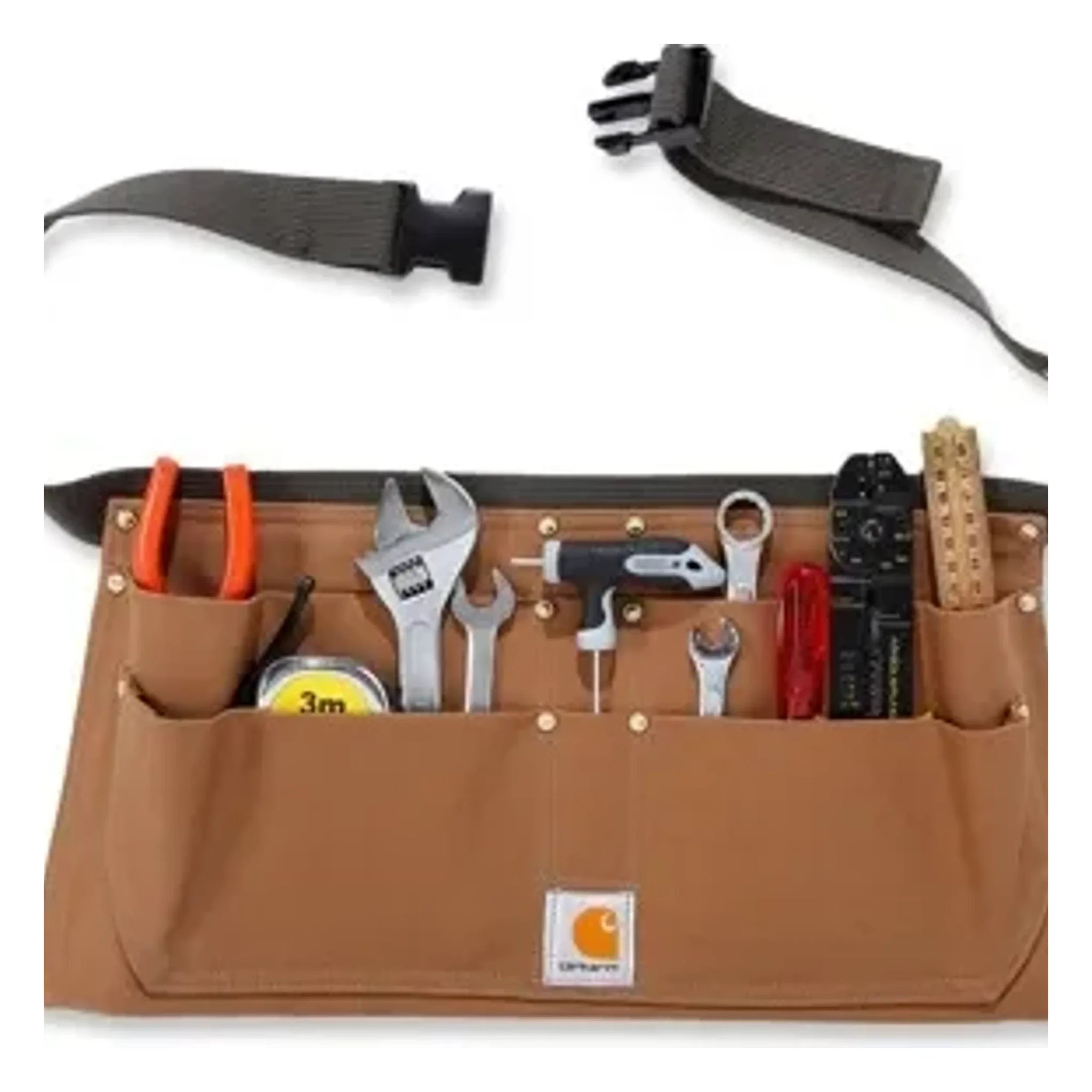 Firm Duck Half Apron Carhartt Accessory front view, Brown canvas apron with multiple tool pockets, adjustable black straps,