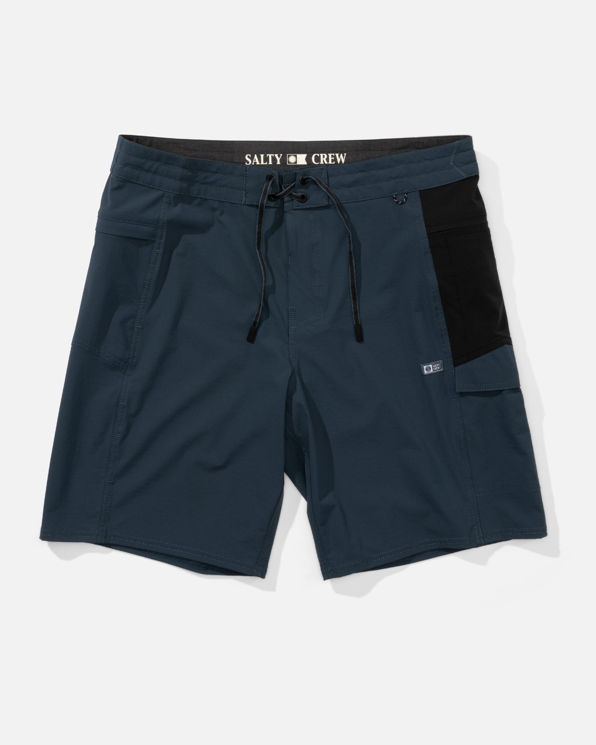 Flagship Boatshort 19" Boardshorts front view, Navy with black side panel and drawstring waistband, cargo pocket detail