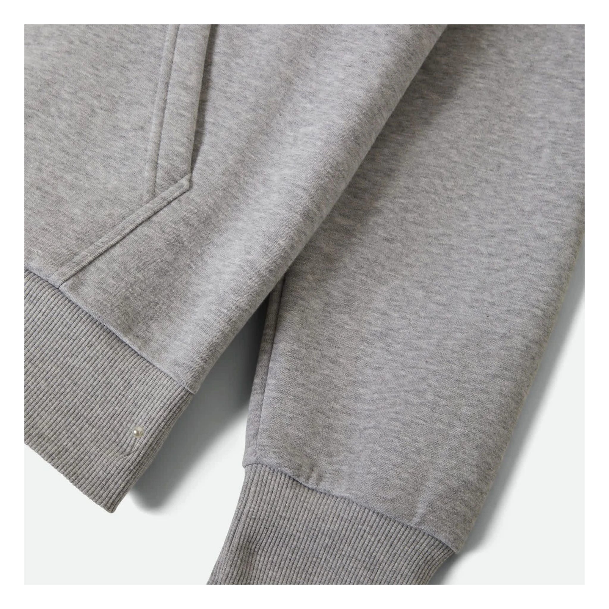 Close-up of Flames Gunmetal/ Heather Hoodie showing Ribbed cuff and hem detail on heather gray sweatshirt sleeve - Slowride
