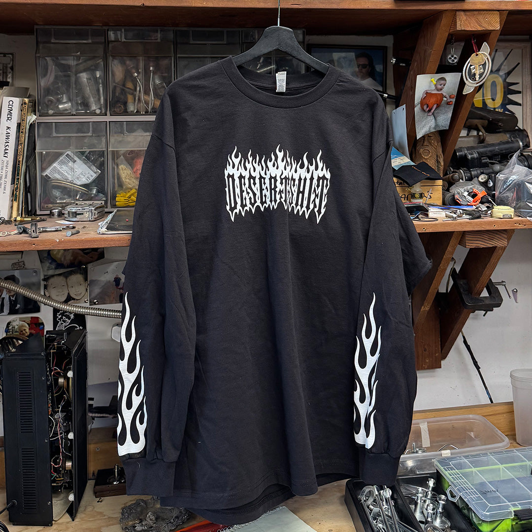 Flames front view, Black with white flame-style text graphic across chest and white flame graphics down both sleeves,