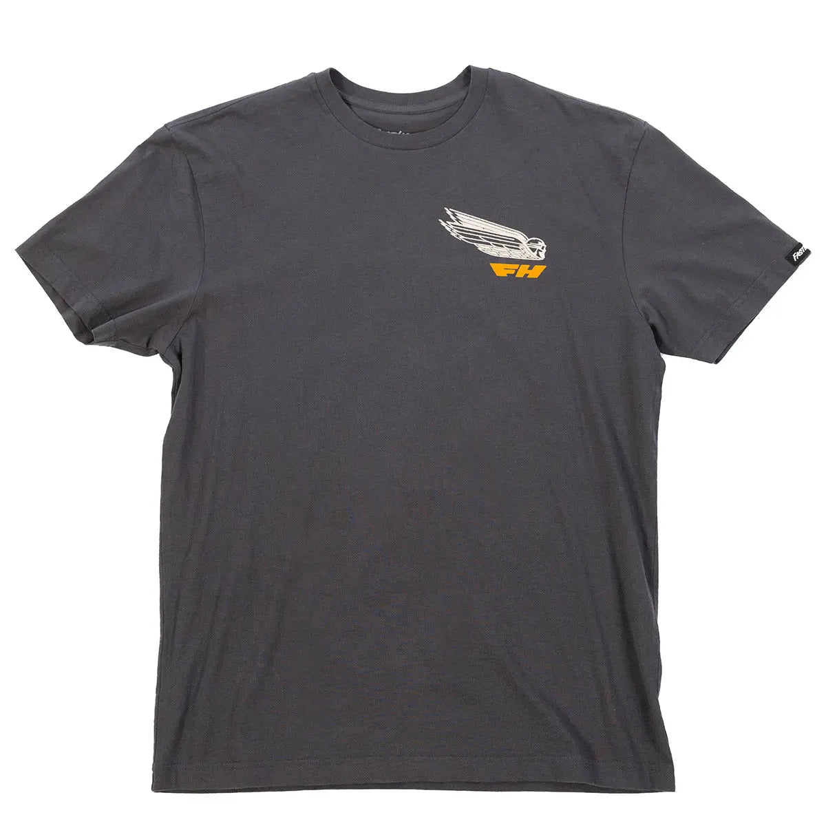 Close-up of Flyer White Tee showing Charcoal gray with white line-art winged graphic and gold text on chest - Slowride Supply