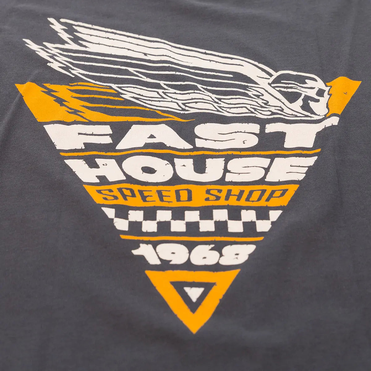 Close-up of Flyer White Tee showing Winged eagle graphic with cream and charcoal layered stripes, yellow and orange accents,