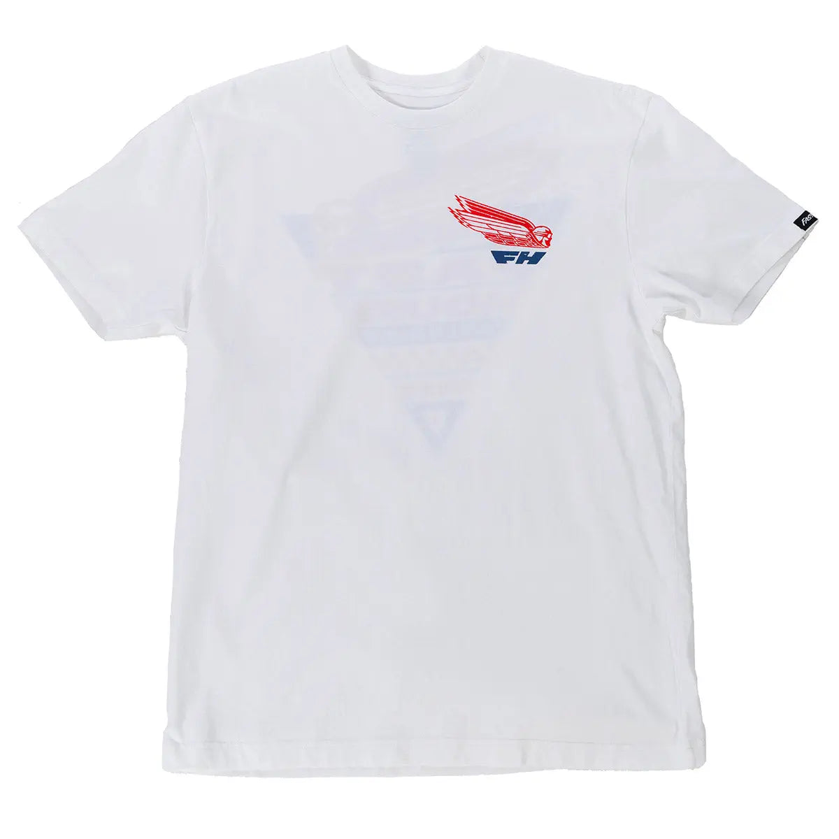 Close-up of Flyer White Tee showing White tee with red and blue winged car graphic and text on chest - Slowride Supply