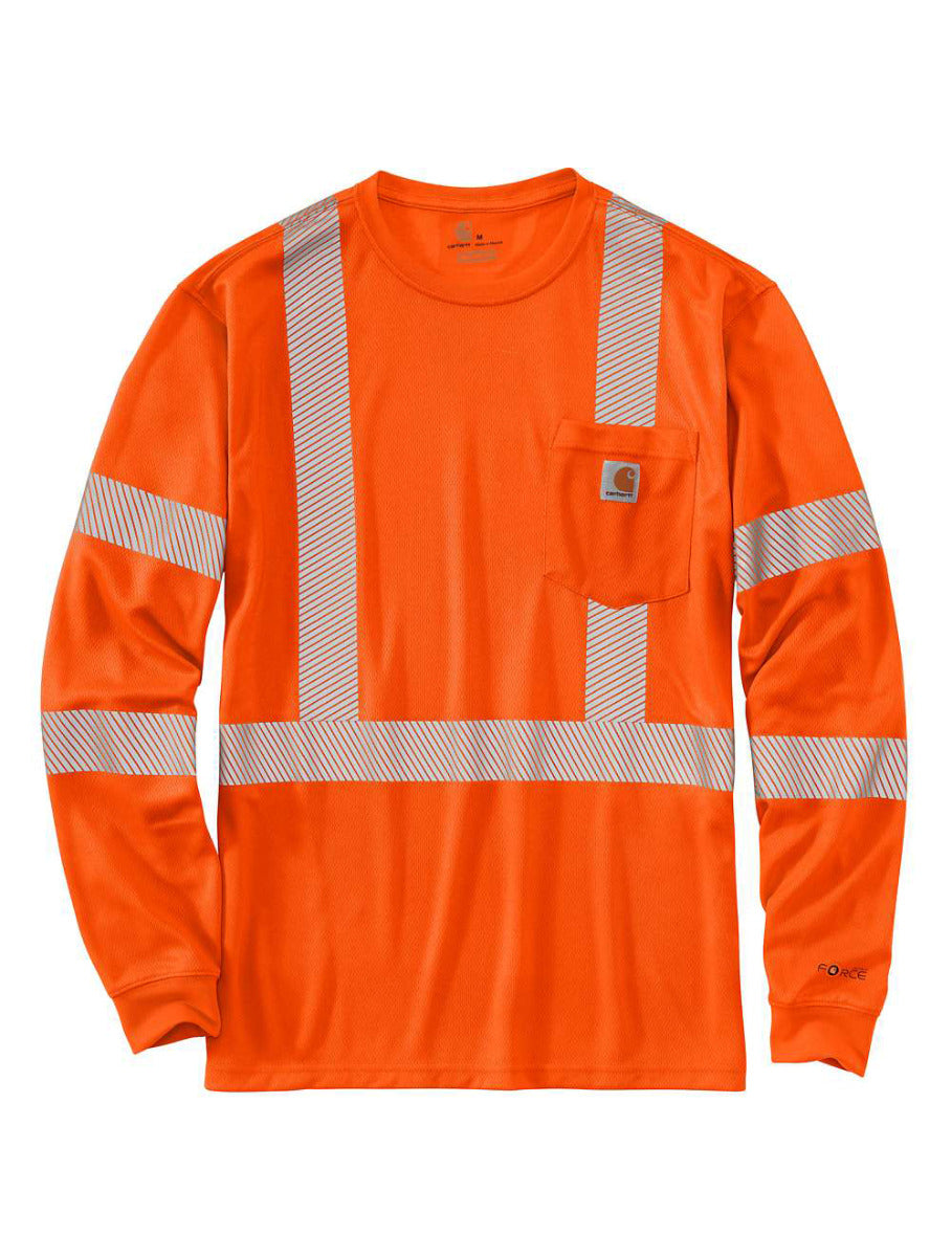 Force High Visibility L/s Tee Brite front view, Bright orange with reflective silver striping across chest, shoulders, and