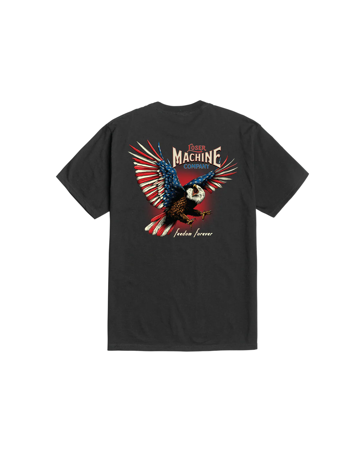 Free Flyer front view, Black with bald eagle graphic in red, white and blue, "Loser Machine Company" text above, "freedom
