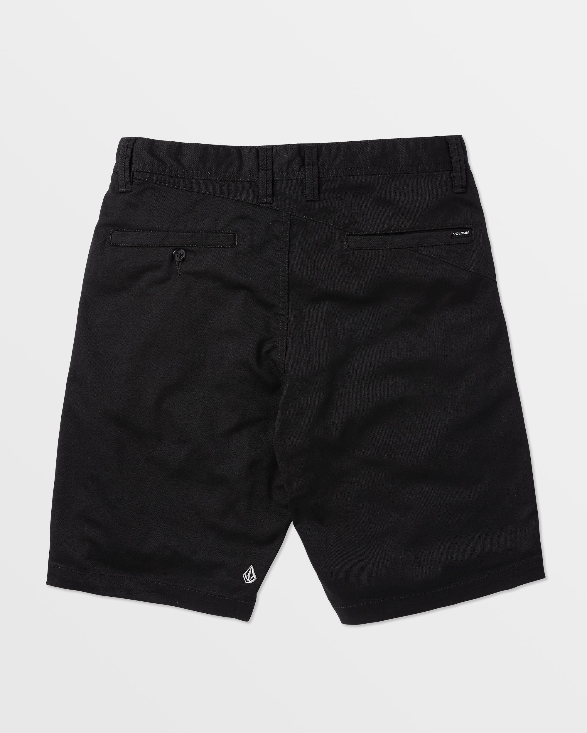 Back of Frickin Modern Short Shorts Black Shorts, Black shorts with rear patch pockets and small white logo at hem -