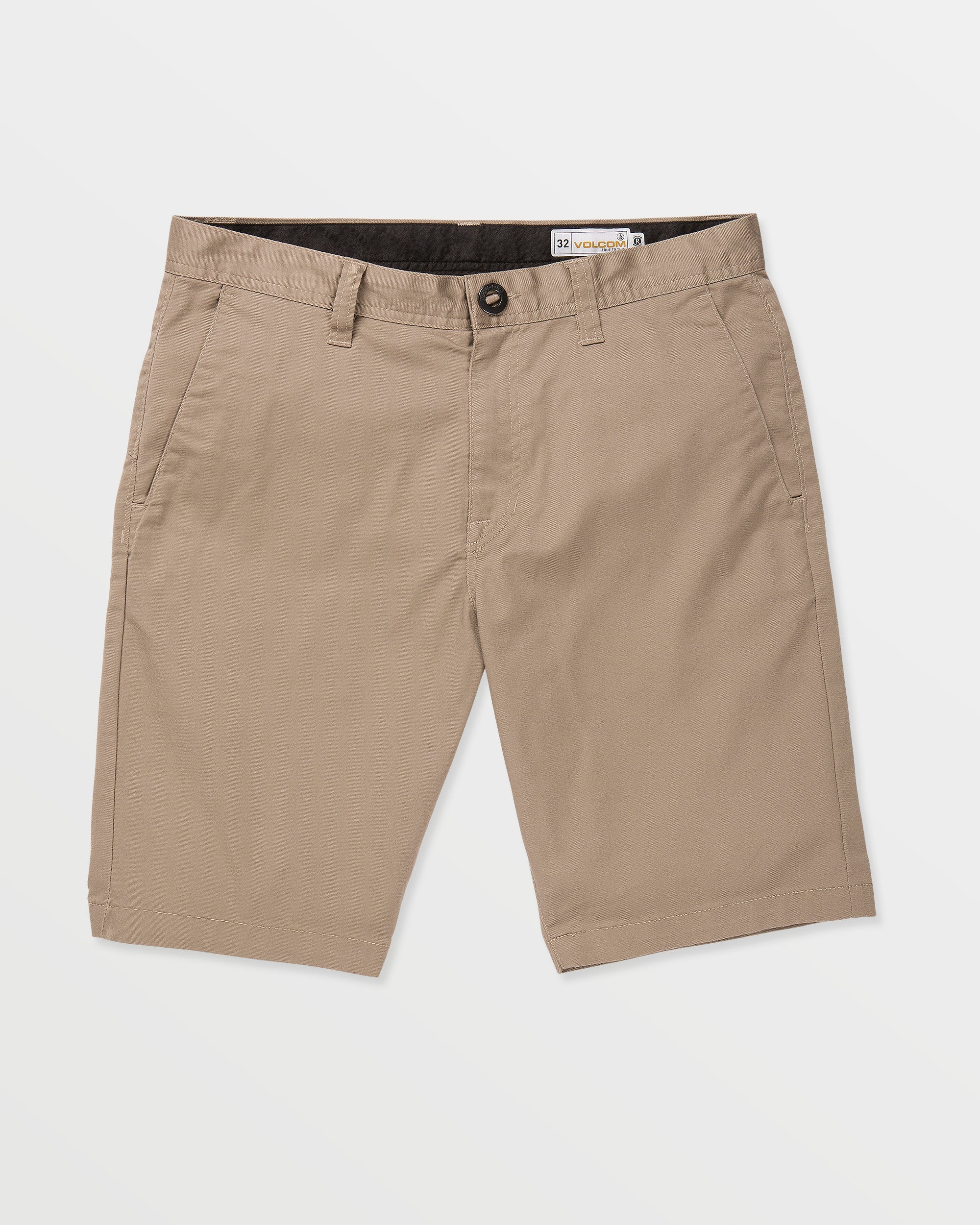 Frickin Modern Short Shorts front view, Khaki cotton twill shorts with flat front, side pockets, and button closure, Black