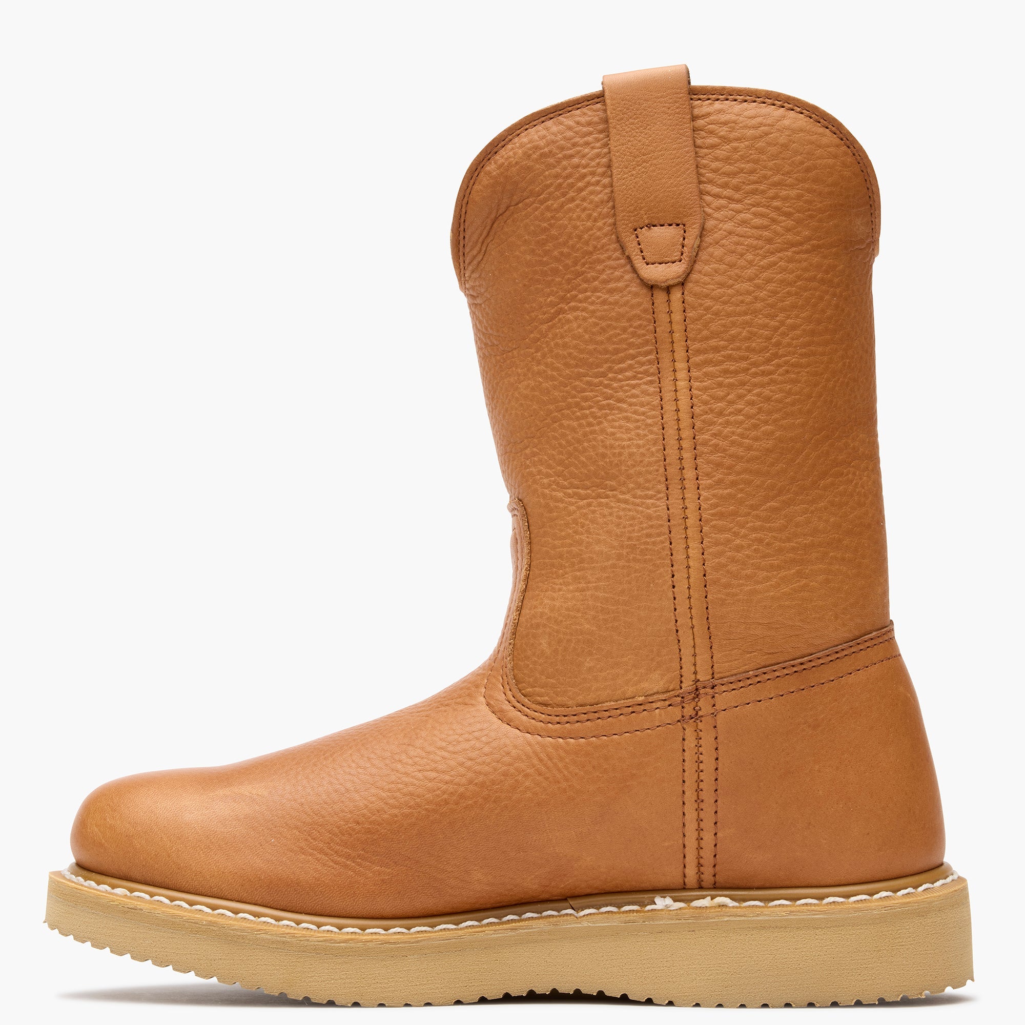 Close-up of G5153 10" Wellington Barracuda Boots Gold Boots showing Tan pebbled leather upper with center seam stitching and